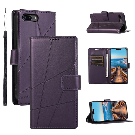 Nalacover Case for iPhone 8 Plus / iPhone 7 Plus - Card Holder PU Leather Flip Wallet Cover with Magnetic Clasp Stand Hand Strap, Soft TPU Inner Shockproof Anti-Scratches Case, Purple