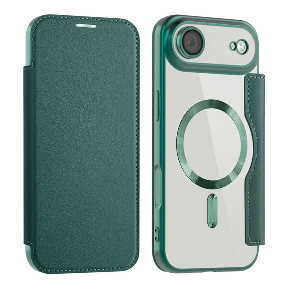 Nalacover Case for iPhone Air,Compatible with MagSafe Charging,Wallet Cover with RFID Blocking Card Slots,Shockproof PU Leather Magnetic Closure Folio Plating Clear Phone Case,Darkgreen