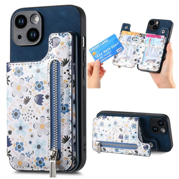 Nalacover Case for iPhone XR Wallet Case with Card Slots Zipper Pocket, Floral Pattern PU Leather Flip Kickstand Cover for Women Girls, RFID Blocking Shockproof Case, Blue