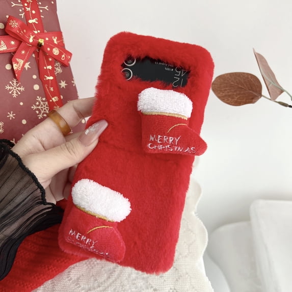 Nalacover Christmas Case for Samsung Galaxy Z Flip3, Cute Cartoon Merry Christmas Tree Soft Plush Fluffy Warm Phone Case for Samsung Galaxy Z Flip3, Shockproof Non-Slip Lens Protection Cover - Red