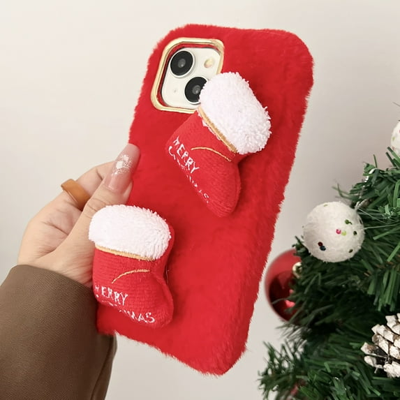 Nalacover Christmas Case for iPhone 15, Cute Cartoon Merry Christmas Tree Soft Plush Fluffy Warm Phone Case for iPhone 15, Shockproof Non-Slip Lens Protection Cover - Red