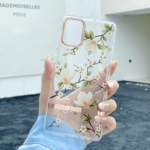 Nalacover Clear Case for Samsung Galaxy S23 Ultra, Nature Flower Leaf Pattern Transparent Slim Lightweight Cover with Electroplated Lens Protection Soft Silicone Shockproof Case,Pattern-E