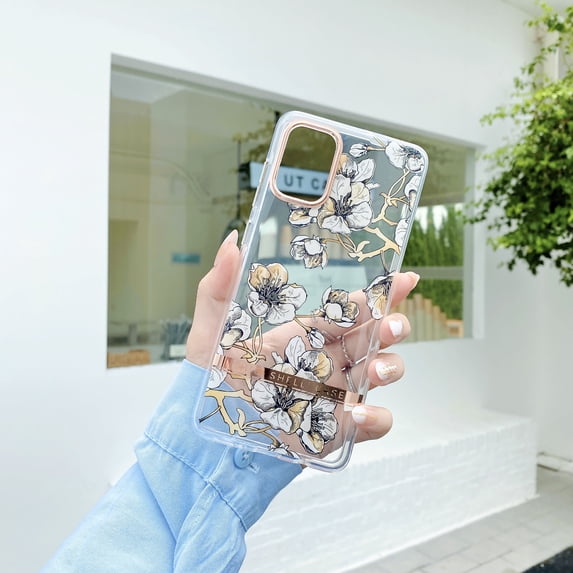 Nalacover Clear Case for Samsung Galaxy S23 Ultra, Nature Flower Leaf Pattern Transparent Slim Lightweight Cover with Electroplated Lens Protection Soft Silicone Shockproof Case,Pattern-B