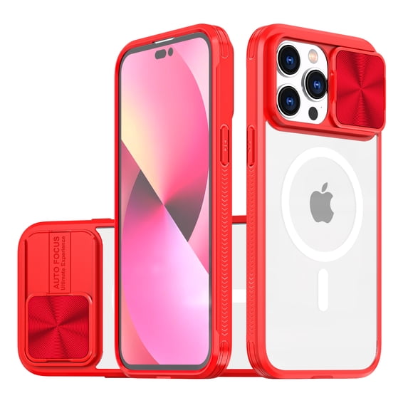 Nalacover Clear Magnetic Case for iPhone 12 Pro Max with Camera Lens Sliding Protective Cover, Hybrid Acrylic Soft TPU Hard PC Shockproof Case Compatible with MagSafe Wireless Charging Case,Red