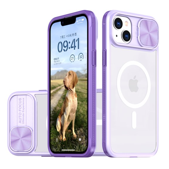 Nalacover Clear Magnetic Case for iPhone 13 with Camera Lens Sliding Protective Cover, Hybrid Acrylic Soft TPU Hard PC Shockproof Case Compatible with MagSafe Wireless Charging Case,Purple