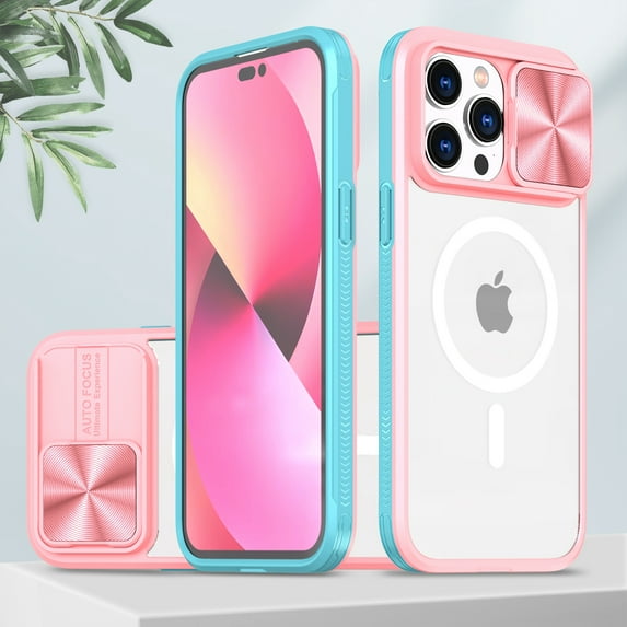 Nalacover Clear Magnetic Case for iPhone 14 Pro with Camera Lens Sliding Protective Cover, Hybrid Acrylic Soft TPU Hard PC Shockproof Case Compatible with MagSafe Wireless Charging Case, Pink