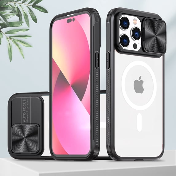 Nalacover Clear Magnetic Case for iPhone 14 Pro Max with Camera Lens Sliding Protective Cover, Hybrid Acrylic Soft TPU Hard PC Shockproof Case Compatible with MagSafe Wireless Charging Case, Black