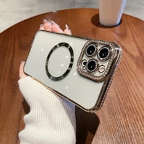 Nalacover Clear for iPhone 12 Magnetic Case Compatible with MagSafe, Shining Glitter Rhinestone Frame Lens Protection Non-Yellowing Shockproof Phone Cover for Women Girls, Gold