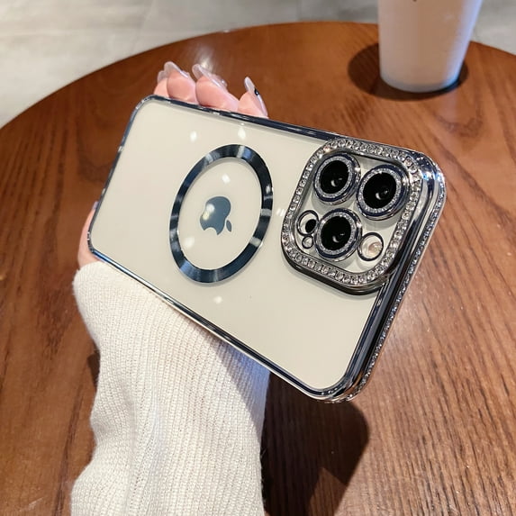 Nalacover Clear for iPhone 14 Plus Magnetic Case Compatible with MagSafe, Shining Glitter Rhinestone Frame Lens Protection Non-Yellowing Shockproof Phone Cover for Women Girls, Silver