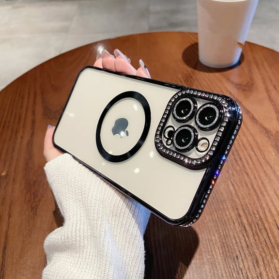 Nalacover Clear for iPhone 15 Plus Magnetic Case Compatible with MagSafe, Shining Glitter Rhinestone Frame Lens Protection Non-Yellowing Shockproof Phone Cover for Women Girls, Black