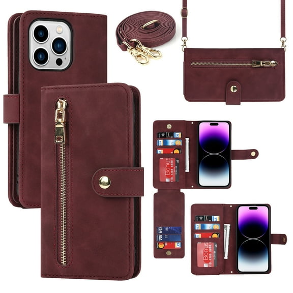 Nalacover Compatible with for iPhone 13 Pro Max Wallet Case Crossbody, Zipper Leather Phone Case with RFID Blocking Card Holder Wrist Strap Present for Women For iPhone 13 Pro Max, Winered