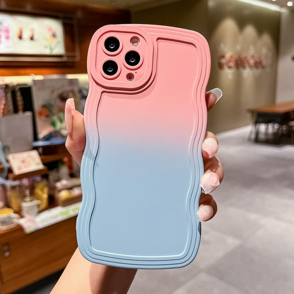 Nalacover Compatible for iPhone 16 Pro Case, Gradient Color Curly Wave Frame Shockproof Anti-Scratch Protective Flexible Soft Silicone Rubber TPU Phone Cover for iPhone 16 Pro, Pink/Blue