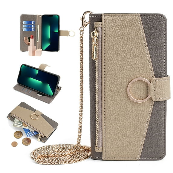 Nalacover Cover for iPhone 13 Pro, Zipper Wallet Purse Crossbody & Shoulder Metal Chain Women Handbag Credit Card Holder Ring Magnetic Clasp Kickstand Flip Leather For iPhone 13 Pro, Gray