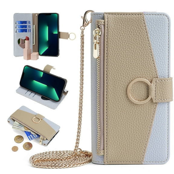 Nalacover Cover for iPhone 14 Pro, Zipper Wallet Purse Crossbody & Shoulder Metal Chain Women Handbag Credit Card Holder Ring Magnetic Clasp Kickstand Flip Leather For iPhone 14 Pro, Blue