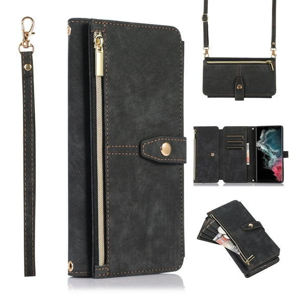 Nalacover Crossbody Wallet Case for Google Pixel 7A, Shoulder Strap Lanyard Luxury PU Leather Zipper Pocket Flip Folio Cover with Card Slots Holder Magnetic Clasp Phone Case, Black