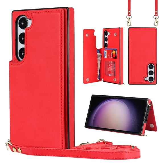 Nalacover Crossbody Wallet Case for Samsung Galaxy S24 Plus, RFID Blocking Premium PU Leather Shoulder Strap Lanyard Shockproof Magnetic Cover with Card Slots Holder Kickstand Case,Red