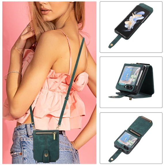 Nalacover Crossbody Wallet Case for Samsung Galaxy Z Flip5, Shoulder Strap Lanyard Luxury PU Leather Zipper Pocket Flip Folio Cover with Card Slots Holder Magnetic Clasp Phone Case,Darkgreen