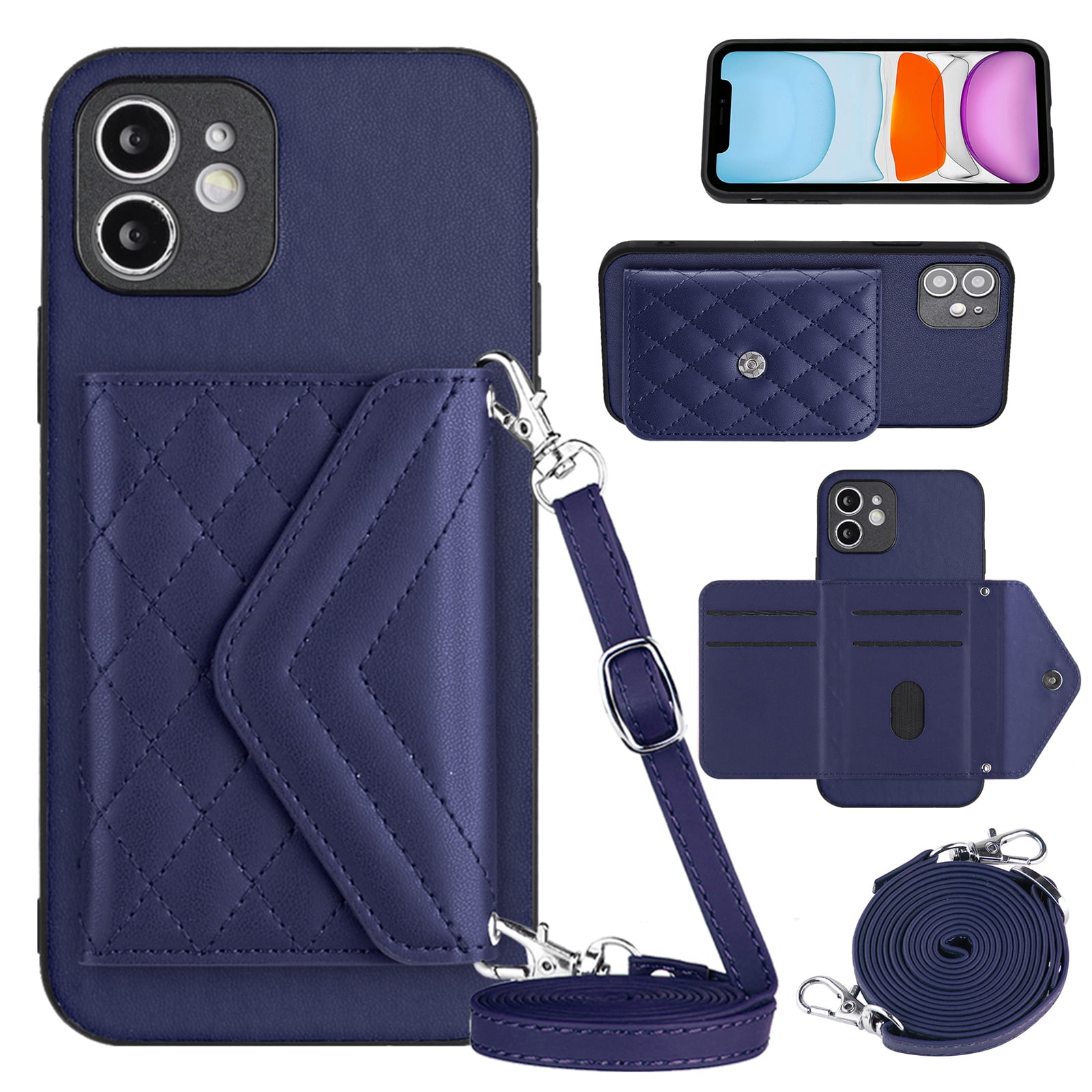 Crossbody Wallet Case For IPhone 11 6.1 Inch, Kickstand With Adjustable Removable Lanyard Neck Strap Case Card Holder Case Shockproof Cover Magnetic Clasp Cover Flip Case -Black