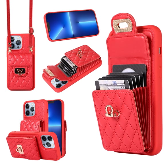Nalacover Crossbody Wallet Case for iPhone 14 Pro Max, [6 Card Slots] Leather Purse Phone Case Luxury Buckle Closure Card Holder Shoulder Strap Handbag Case Women For iPhone 14 Pro Max, Red