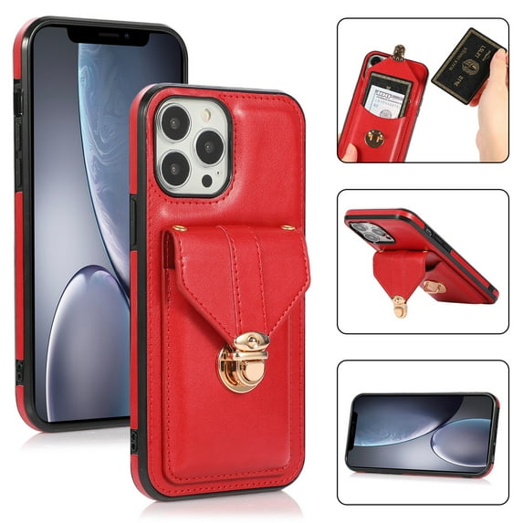 Nalacover Crossbody Wallet Case for iPhone 14 Pro Max with Shoulder Strap Lanyard, PU Leather Case with Credit Card Holder for Women Girls, Full Protection Metal Buckle Shockproof Phone Case, Red