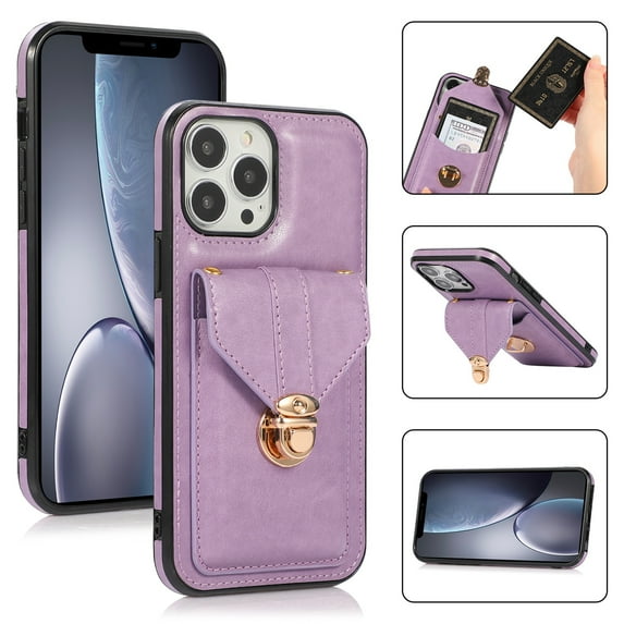 Nalacover Crossbody Wallet Case for iPhone 14 Pro Max with Shoulder Strap Lanyard, PU Leather Case with Credit Card Holder for Women Girls, Full Protection Metal Buckle Shockproof Phone Case, Purple