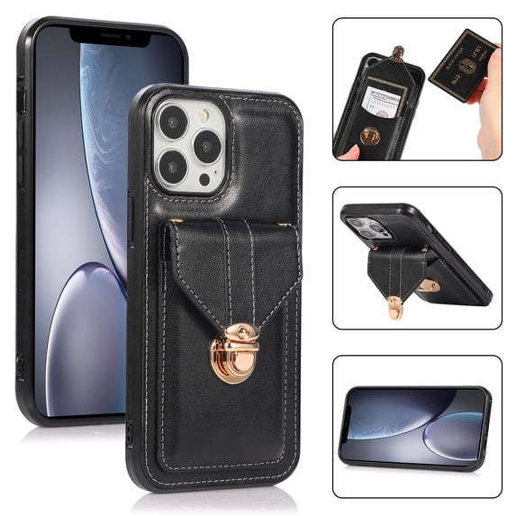 Nalacover Crossbody Wallet Case for iPhone 15 Pro Max with Shoulder Strap Lanyard, PU Leather Case with Credit Card Holder for Women Girls, Full Protection Metal Buckle Shockproof Phone Case, Black