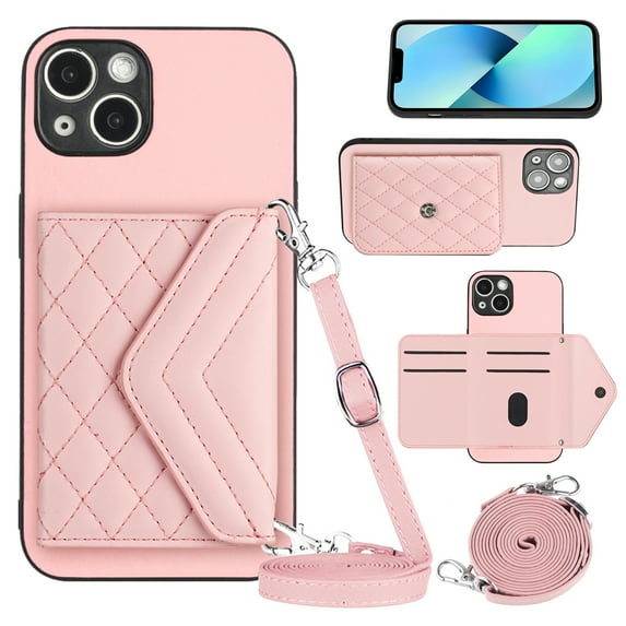 Nalacover Crossbody Wallet Case for iPhone 15 RFID Blocking Card Slot Holder, Magnetic Flip Folio Purse Case, PU Leather Envelope Design Handbag Women Girls For iPhone 15, Pink