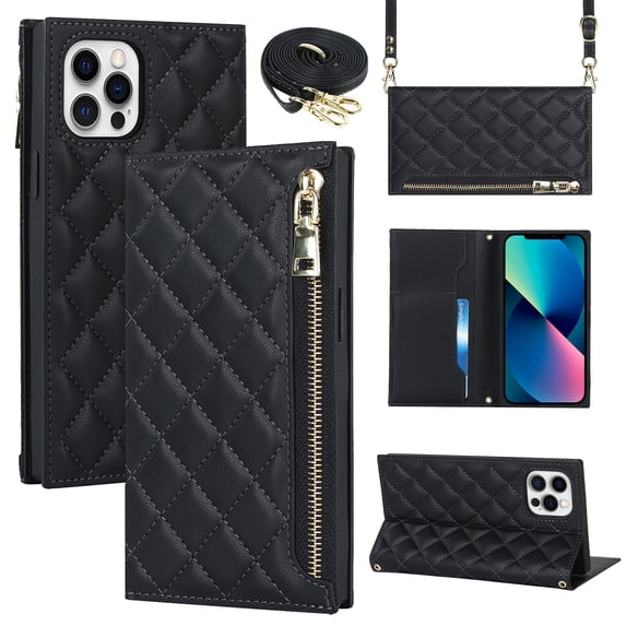 Nalacover Crossbody Wallet Phone Case for iPhone 12 Pro Max,Premium PU Leather Magnetic Closure Flip Stand Card Holder Zipper Pocket Purse Phone Case with Shoulder Strap,Black