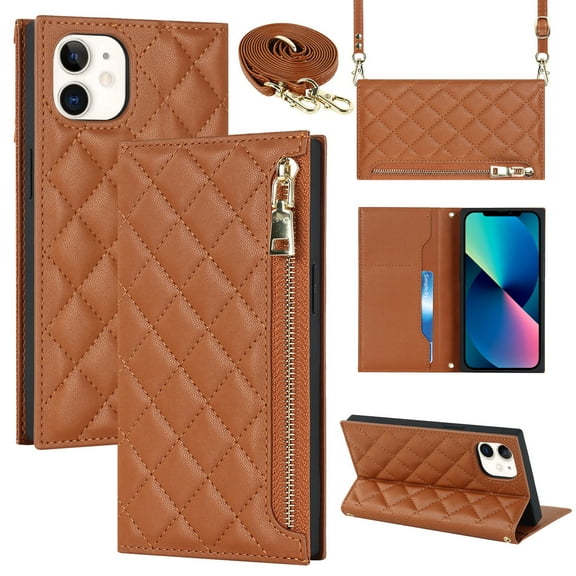 Nalacover Crossbody Wallet Phone Case for iPhone 12 / iPhone 12 Pro,Premium PU Leather Magnetic Closure Flip Stand Card Holder Zipper Pocket Purse Phone Case with Shoulder Strap,Brown
