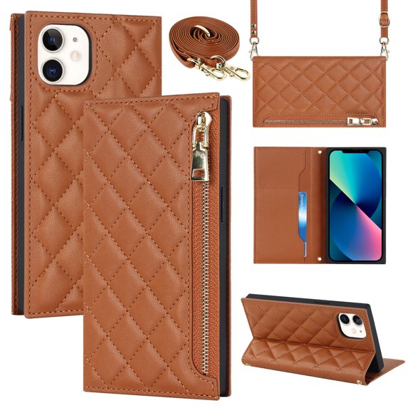 Nalacover Crossbody Wallet Phone Case for iPhone 12 / iPhone 12 Pro,Premium PU Leather Magnetic Closure Flip Stand Card Holder Zipper Pocket Purse Phone Case with Shoulder Strap,Brown