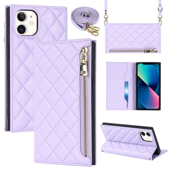 Nalacover Crossbody Wallet Phone Case for iPhone 12 / iPhone 12 Pro,Premium PU Leather Magnetic Closure Flip Stand Card Holder Zipper Pocket Purse Phone Case with Shoulder Strap,Purple