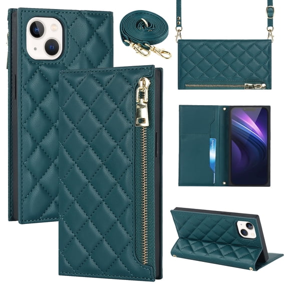 Nalacover Crossbody Wallet Phone Case for iPhone 13,Premium PU Leather Magnetic Closure Flip Stand Card Holder Zipper Pocket Purse Phone Case with Shoulder Strap,Green