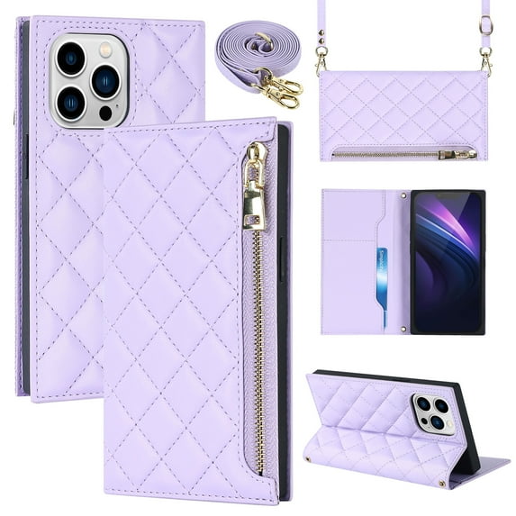 Nalacover Crossbody Wallet Phone Case for iPhone 13 Pro Max,Premium PU Leather Magnetic Closure Flip Stand Card Holder Zipper Pocket Purse Phone Case with Shoulder Strap,Purple