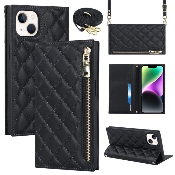 Nalacover Crossbody Wallet Phone Case for iPhone 14,Premium PU Leather Magnetic Closure Flip Stand Card Holder Zipper Pocket Purse Phone Case with Shoulder Strap,Black
