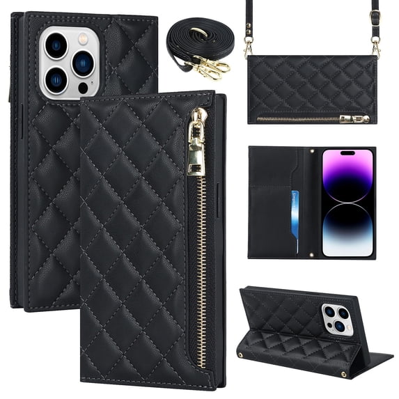 Nalacover Crossbody Wallet Phone Case for iPhone 14 Pro Max,Premium PU Leather Magnetic Closure Flip Stand Card Holder Zipper Pocket Purse Phone Case with Shoulder Strap,Black