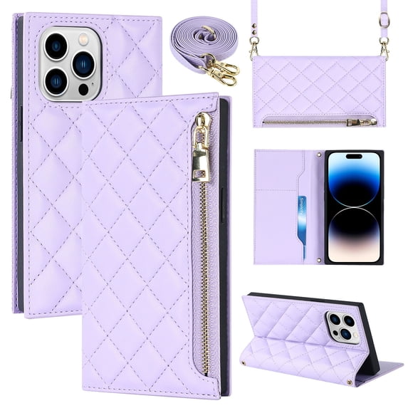 Nalacover Crossbody Wallet Phone Case for iPhone 14 Pro,Premium PU Leather Magnetic Closure Flip Stand Card Holder Zipper Pocket Purse Phone Case with Shoulder Strap,Purple