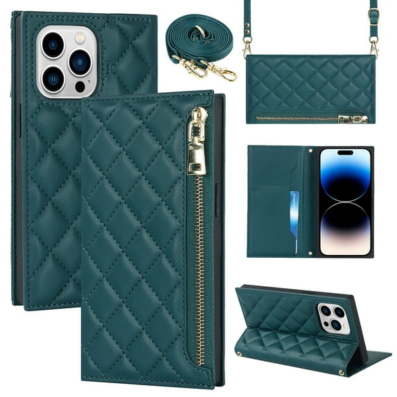 Nalacover Crossbody Wallet Phone Case for iPhone 14 Pro,Premium PU Leather Magnetic Closure Flip Stand Card Holder Zipper Pocket Purse Phone Case with Shoulder Strap,Green