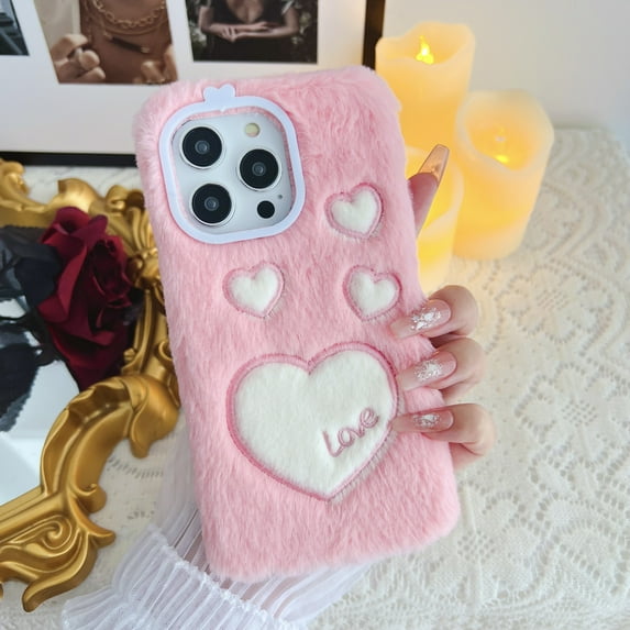 Nalacover Cute Case for iPhone 13 - Kawaii Heart Pattern Soft Plush Fluffy Winter Warm Phone Case for iPhone 13, Hybrid Shockproof Non-Slip Anti-Scratches Cover, Pink