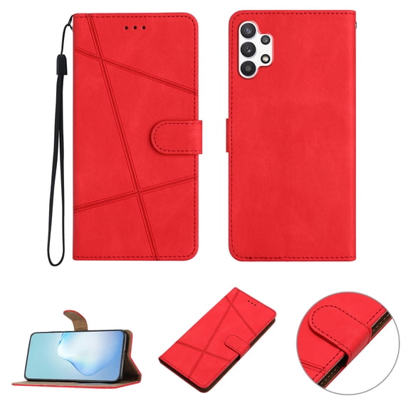 Nalacover Deisgned for Samsung A32 5G, Magnetic Folio Wrist Strap Flip Kickstand Premium PU Leather Wallet Case Cash Card Slots Holder Protective Case for Samsung Galaxy A32 5G, Red