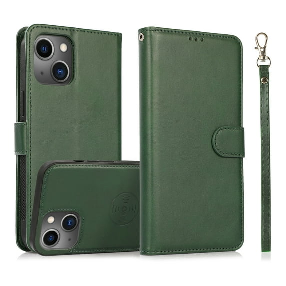 Nalacover Detachable Wallet Case for iPhone 15, PU Leather Wrist Hand Strap 2 in 1 Design Flip Folio Cover with Card Slots Holder Magnetic Car Mount Kickstand Protective Case, Green