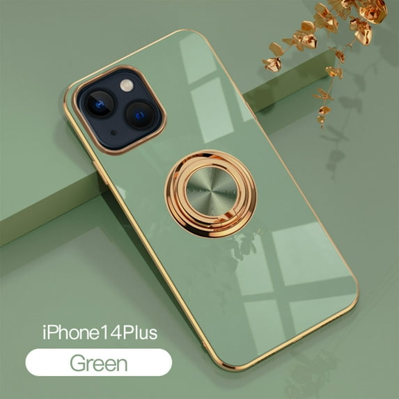 Nalacover Electroplated Case for iPhone 14 Plus, Slim Thin Light Plating Frame Rotatable Metal Ring Holder Bracket Cover with Magnetic Car Mount Rugged Shockproof Anti-Scratches Case,Fruitgreen