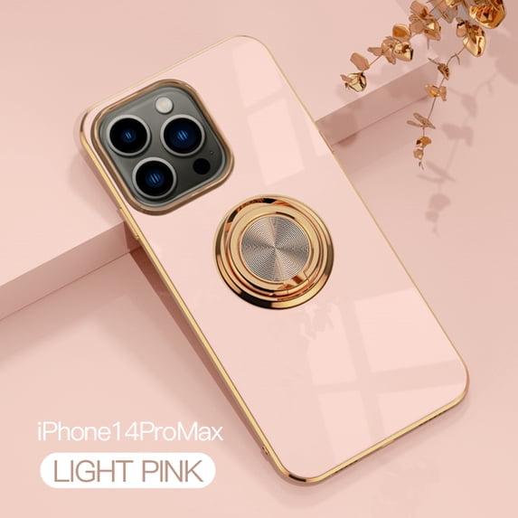 Nalacover Electroplated Case for iPhone 14 Pro Max, Slim Thin Light Plating Frame Rotatable Metal Ring Holder Bracket Cover with Magnetic Car Mount Rugged Shockproof Anti-Scratches Case,Pink