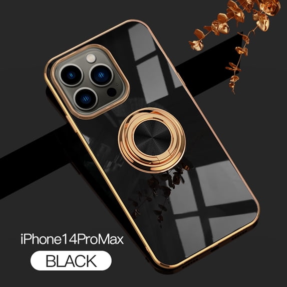 Nalacover Electroplated Case for iPhone 14 Pro Max, Slim Thin Light Plating Frame Rotatable Metal Ring Holder Bracket Cover with Magnetic Car Mount Rugged Shockproof Anti-Scratches Case,Black