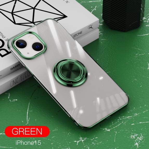 Nalacover Electroplated Clear Magnetic Case for iPhone 15, Rotate Ring Holder Kickstand Slim Cover Support Car Mount All-Inclusive Lens Protection Anti-Yellowing Case, Darkgreen