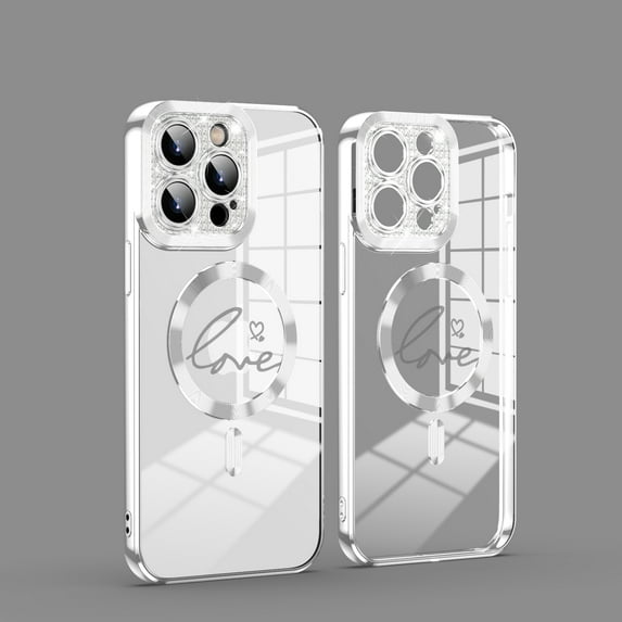 Nalacover Electroplated Magnetic Case for iPhone 12 Pro Max, High-Transparency Clear Cover Compatible with MagSafe Wireless Charging, Sparkle Lens Protection Love Pattern Shockproof Case,Silver