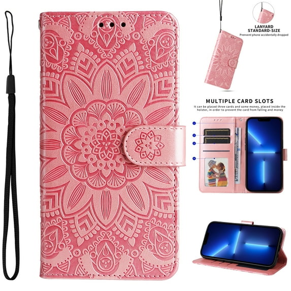 Nalacover Embossed Pattern Wallet Case for iPhone 14, 3D Flower Pattern Luxury PU Leather Flip Folio Case with Card Slots Holder Kickstand Magnetic Clasp Wrist Strap Shockproof Cover,Rosegold