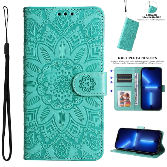 Nalacover Embossed Pattern Wallet Case for iPhone 14 Plus, 3D Flower Pattern Luxury PU Leather Flip Folio Case with Card Slots Holder Kickstand Magnetic Clasp Wrist Strap Shockproof Cover,Green