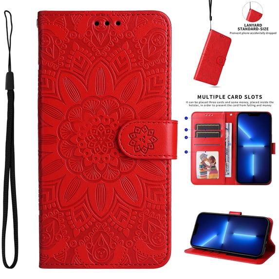 Nalacover Embossed Pattern Wallet Case for iPhone 14 Pro, 3D Flower Pattern Luxury PU Leather Flip Folio Case with Card Slots Holder Kickstand Magnetic Clasp Wrist Strap Shockproof Cover,Red
