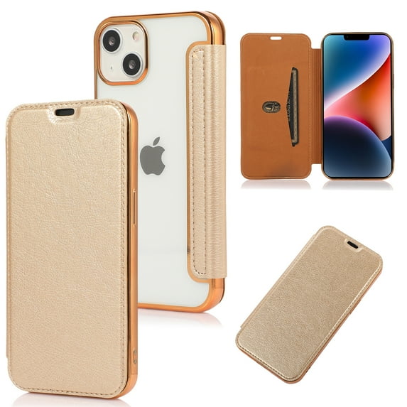 Nalacover Flip Case for iPhone 14, Card Slot Holder Hybrid Lychee Pattern PU Leather + TPU Non-Yellowing Cover with Kickstand Electroplated Frame Clear Back Case for iPhone 14, Gold