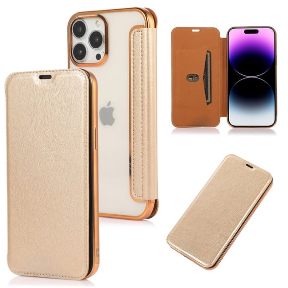 Nalacover Flip Case for iPhone 14 Pro, Card Slot Holder Hybrid Lychee Pattern PU Leather + TPU Non-Yellowing Cover with Kickstand Electroplated Frame Clear Back Case for iPhone 14 Pro,Gold